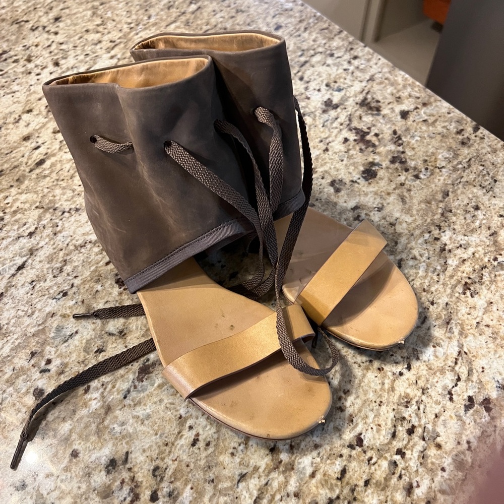 See by Chloe Kasha Gladiator sandal, tan and brown suede ankle cover with ties